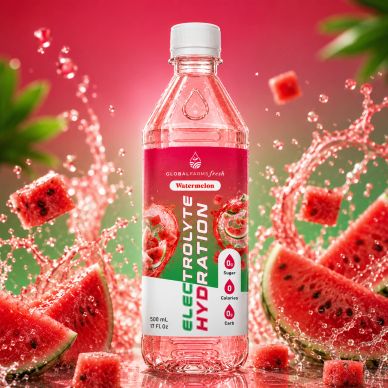 Watermelon electrolyte hydration drink splashing with watermelon pieces.