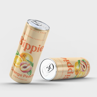 Two cans of Sippie Orange Peach prebiotic soda.