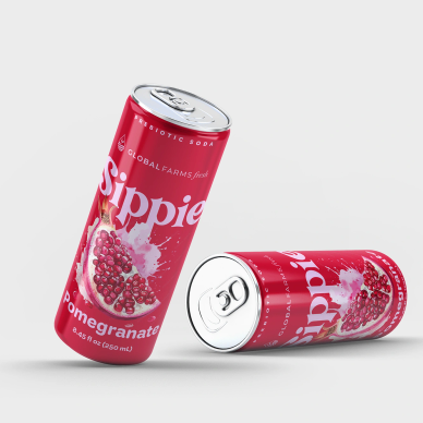 Two red cans of pomegranate-flavored Sippie probiotic soda.
