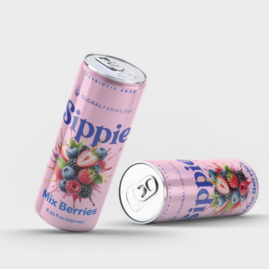 Two cans of Sippie mix berries prebiotic soda.