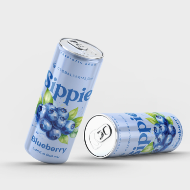 Two blueberry-flavored Sippie soda cans.