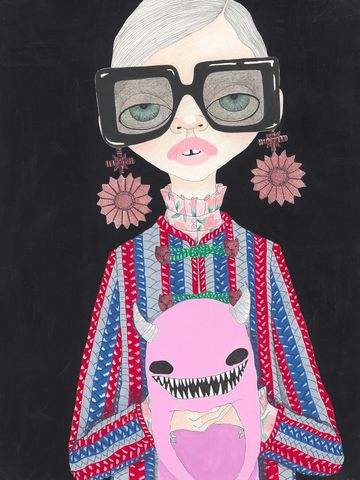 " Stella and Pink Monster "
Black India Ink Color Pencils and Gouache on Watercolor Paper.
( 11" x 1