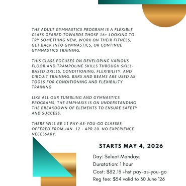 Informational flyer for an adult gymnastics program starting May 4, 2026.