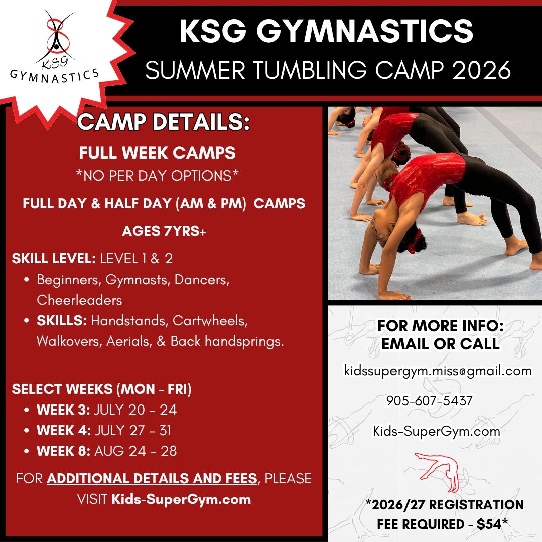 KSG Gymnastics Summer Tumbling Camp 2026 for ages 7+ with full and half-day options.