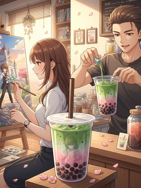 A girl painting a fantasy scene while a boy prepares colorful bubble tea in a cozy room.