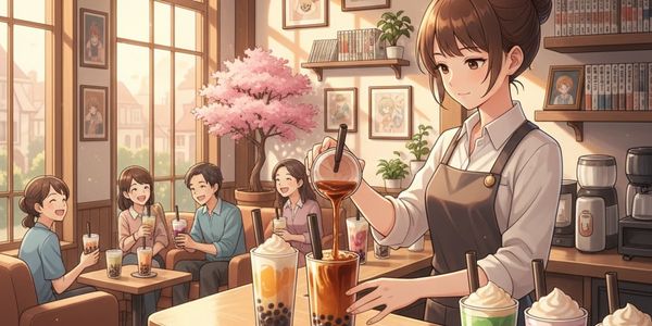 Barista pouring tea in a bright bubble tea shop with happy customers.