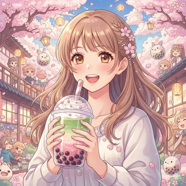 Anime girl holding a colorful bubble tea under cherry blossoms.