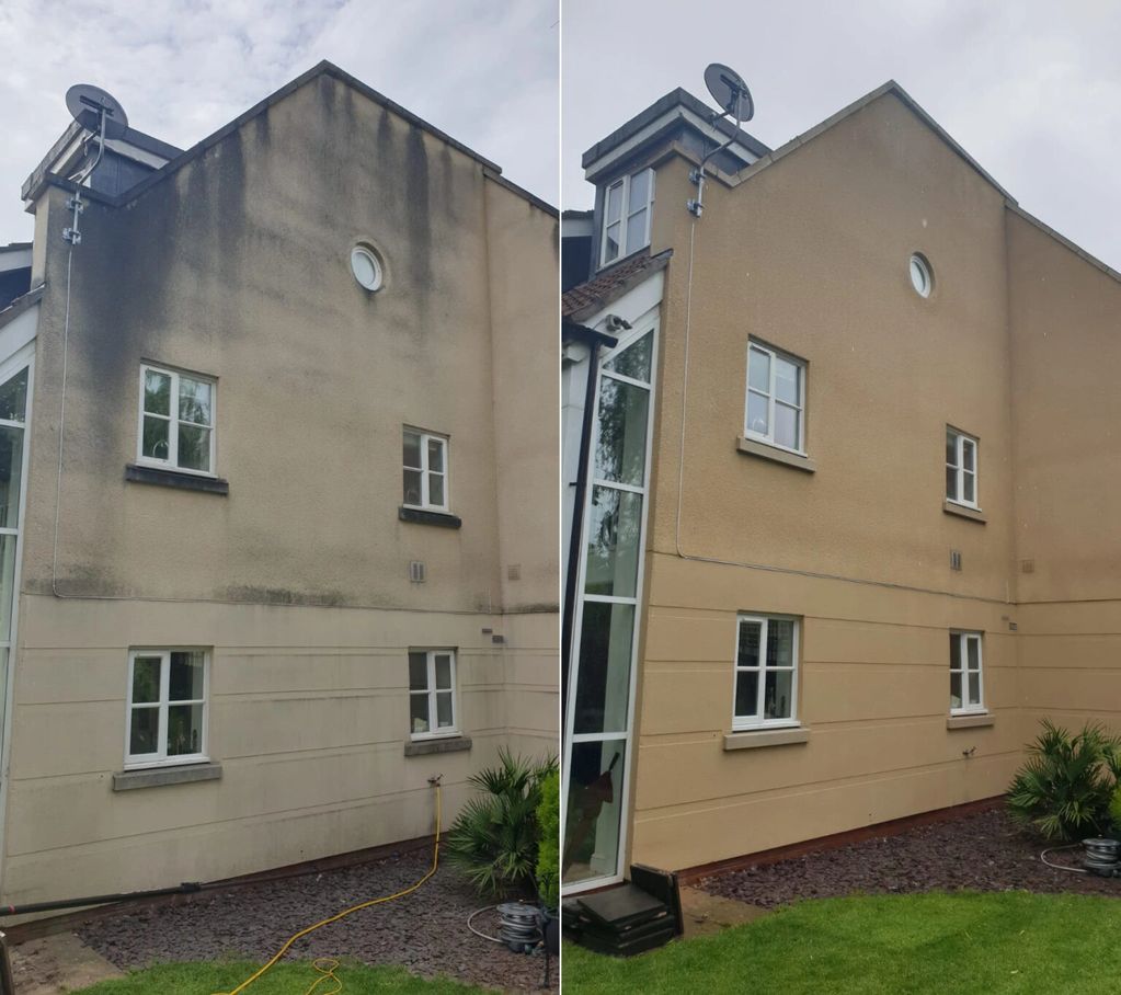 Side-by-side comparison of a house wall before and after cleaning.