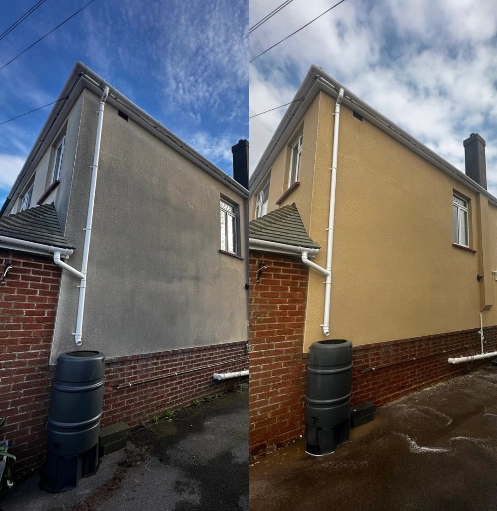 Side of a house before and after cleaning and painting.