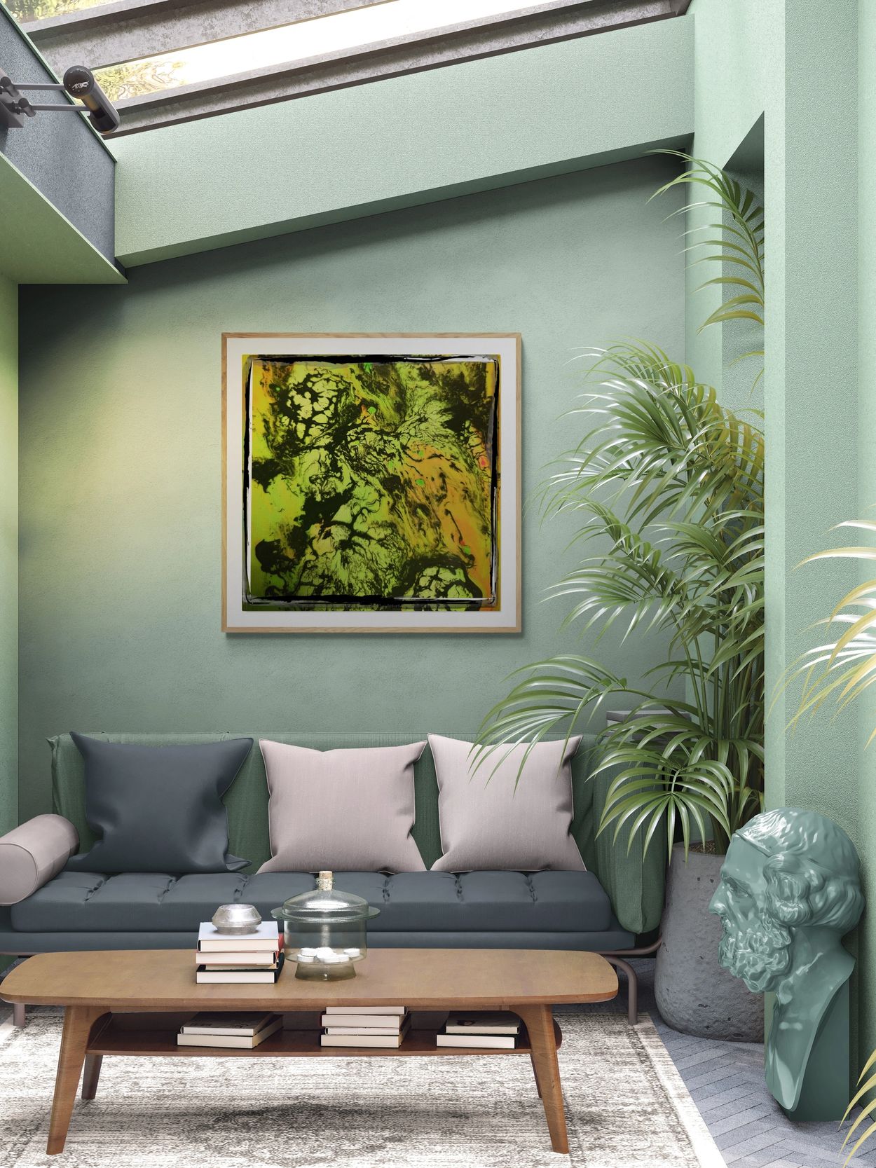 Modern living room with green walls, abstract art, and lush plants.