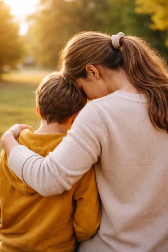 A woman embraces a child outdoors during golden hour.