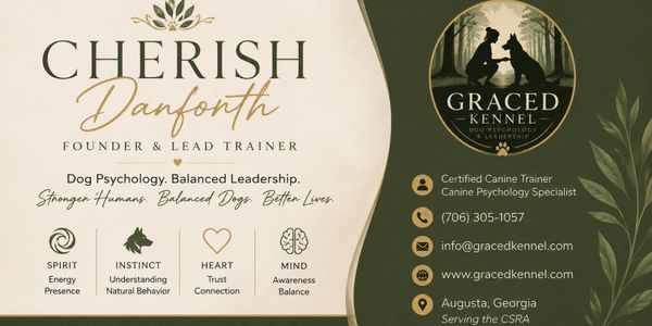 Business card for Cherish Danforth, dog trainer at Graced Kennel.
