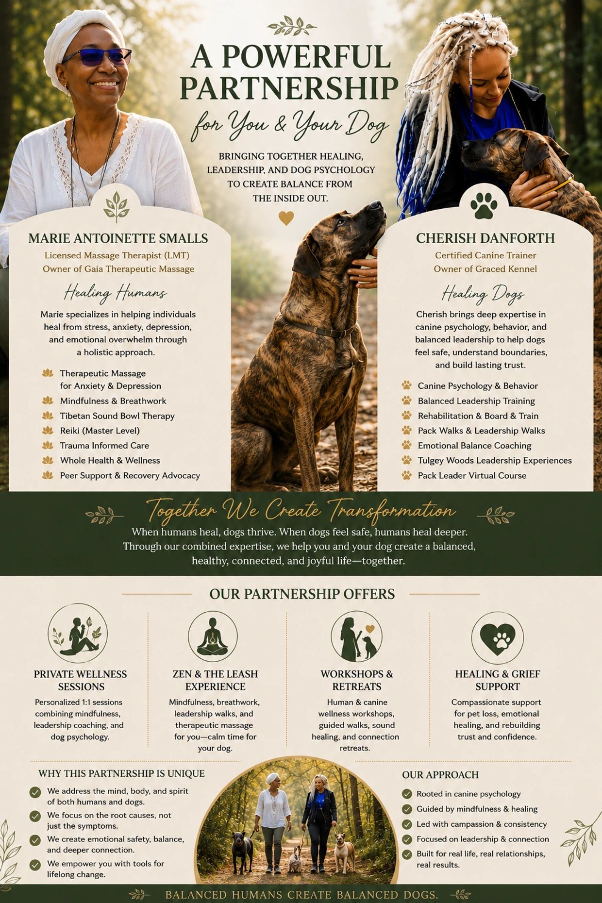 Partnership offering healing and training for humans and dogs to create balanced, connected lives.