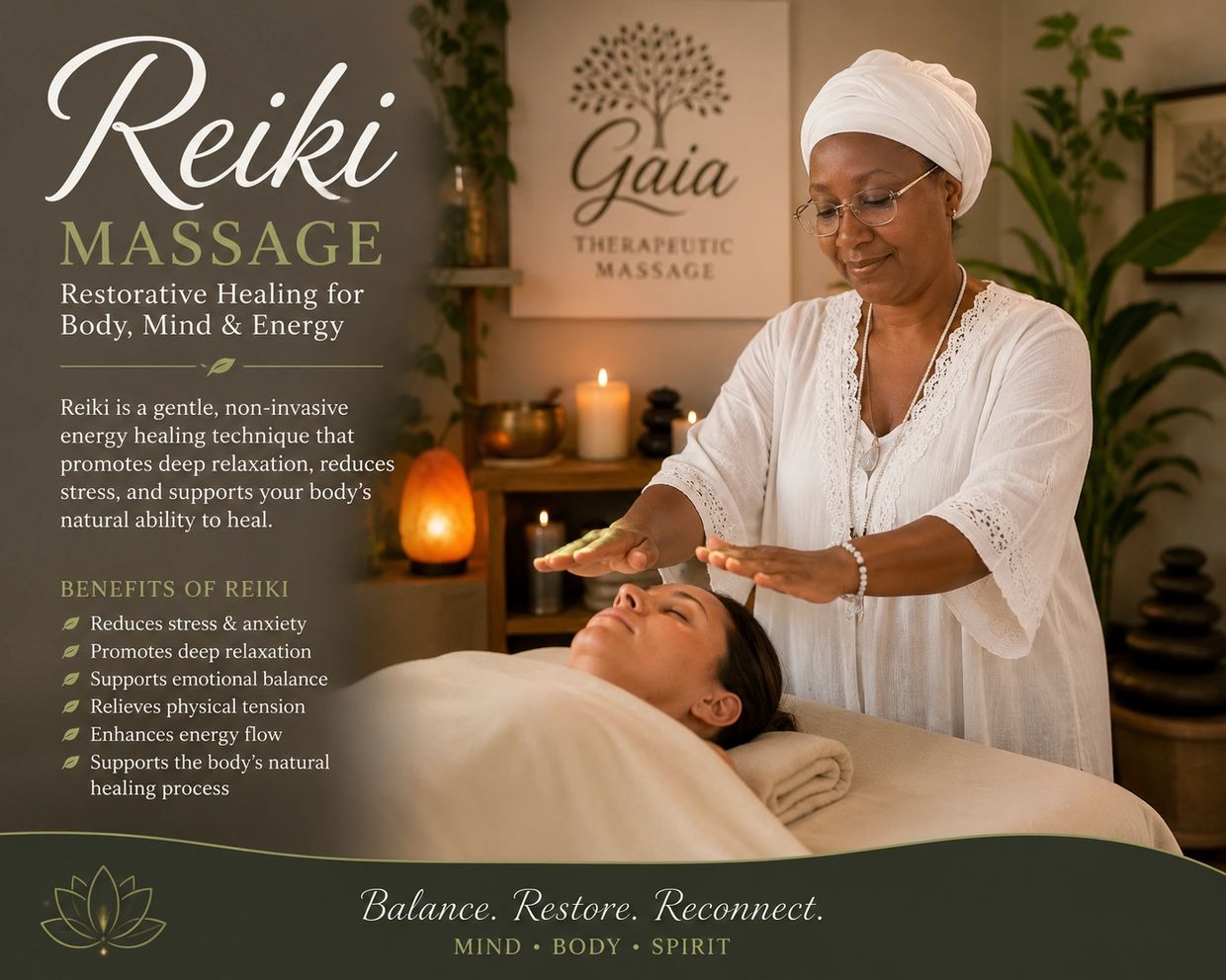 A Reiki therapist performs energy healing on a relaxed client in a calming, candlelit room.