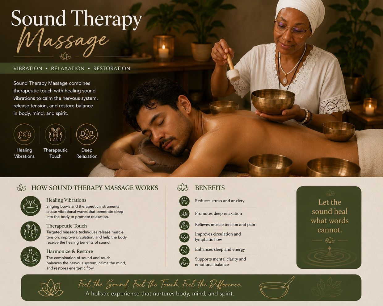 Sound therapy massage with singing bowls promotes deep relaxation and healing vibrations.