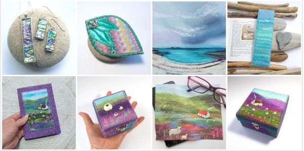 Handmade Scottish Gifts displayed in a row including jewellery, brooches, Iona Beach and sheep.