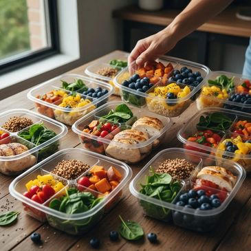 Healthy meal prep containers filled with colorful fruits, veggies, and grains.