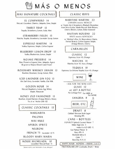 joshua tree cocktails matcha coffee beer wine mocktails happy hour