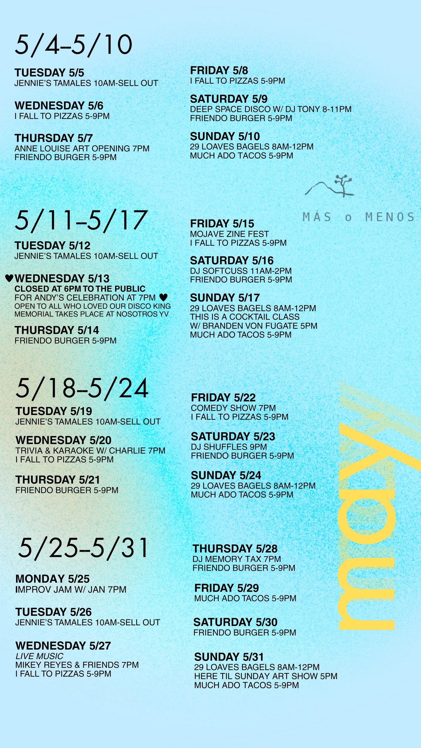 May calendar of events at Más o Menos with food, music, and art.