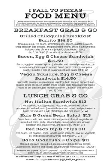 I FALL TO PIZZAS grab and go food menu joshua tree breakfast sandwiches lunch salad dips chips