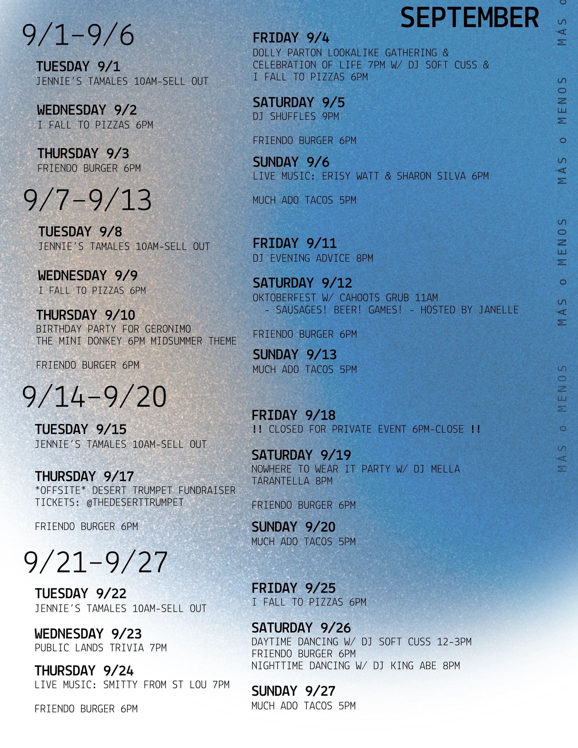 September event calendar with food, music, parties, and special gatherings.