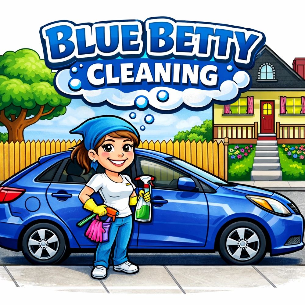 Cartoon of a cheerful woman with cleaning supplies standing by a blue car.