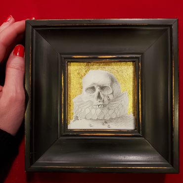 Skull drawing, framed art, fine art drawing, gold leaf art, tiny art.