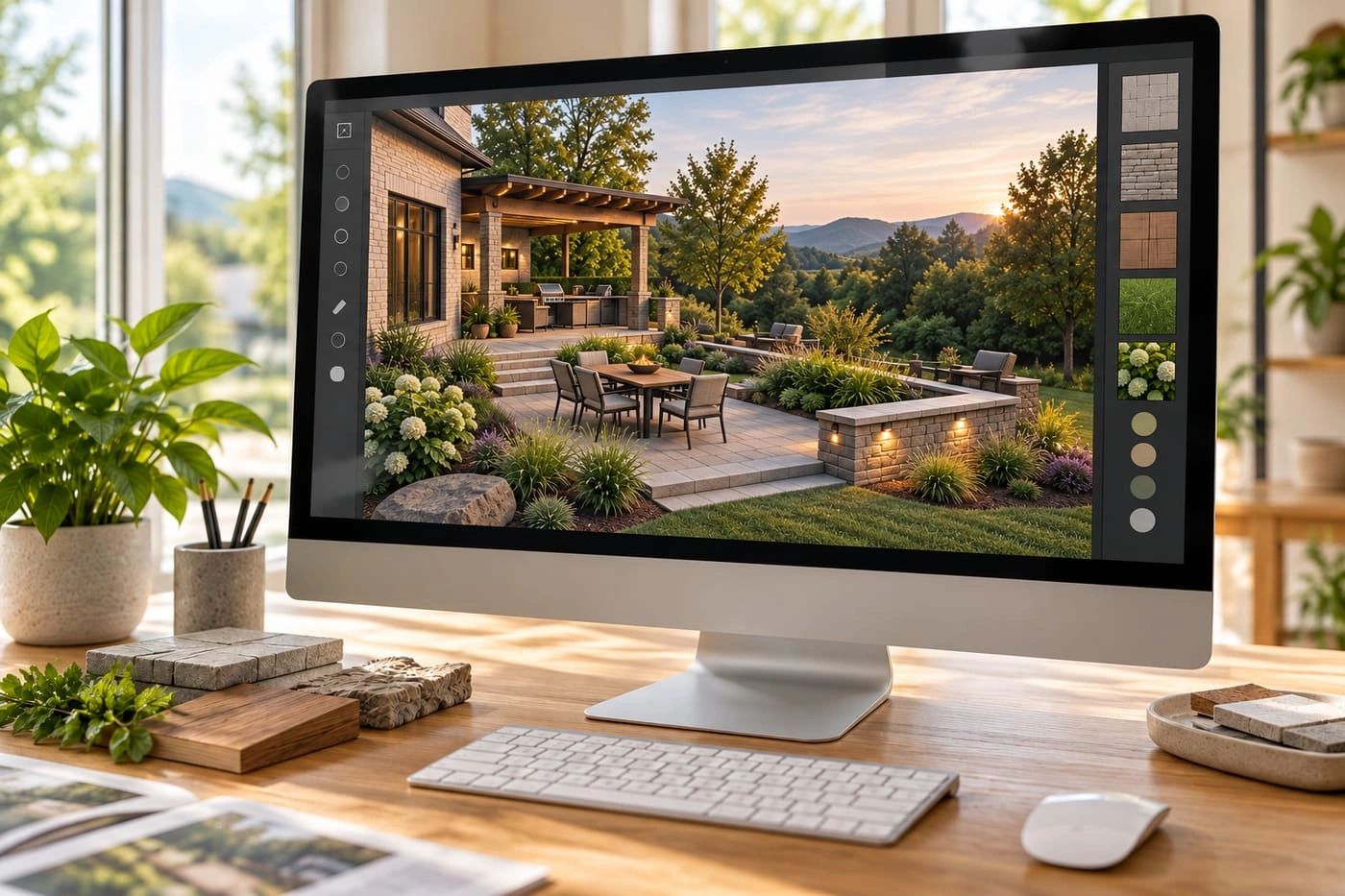 an outdoor space visualized in 3D on a desktop monitor