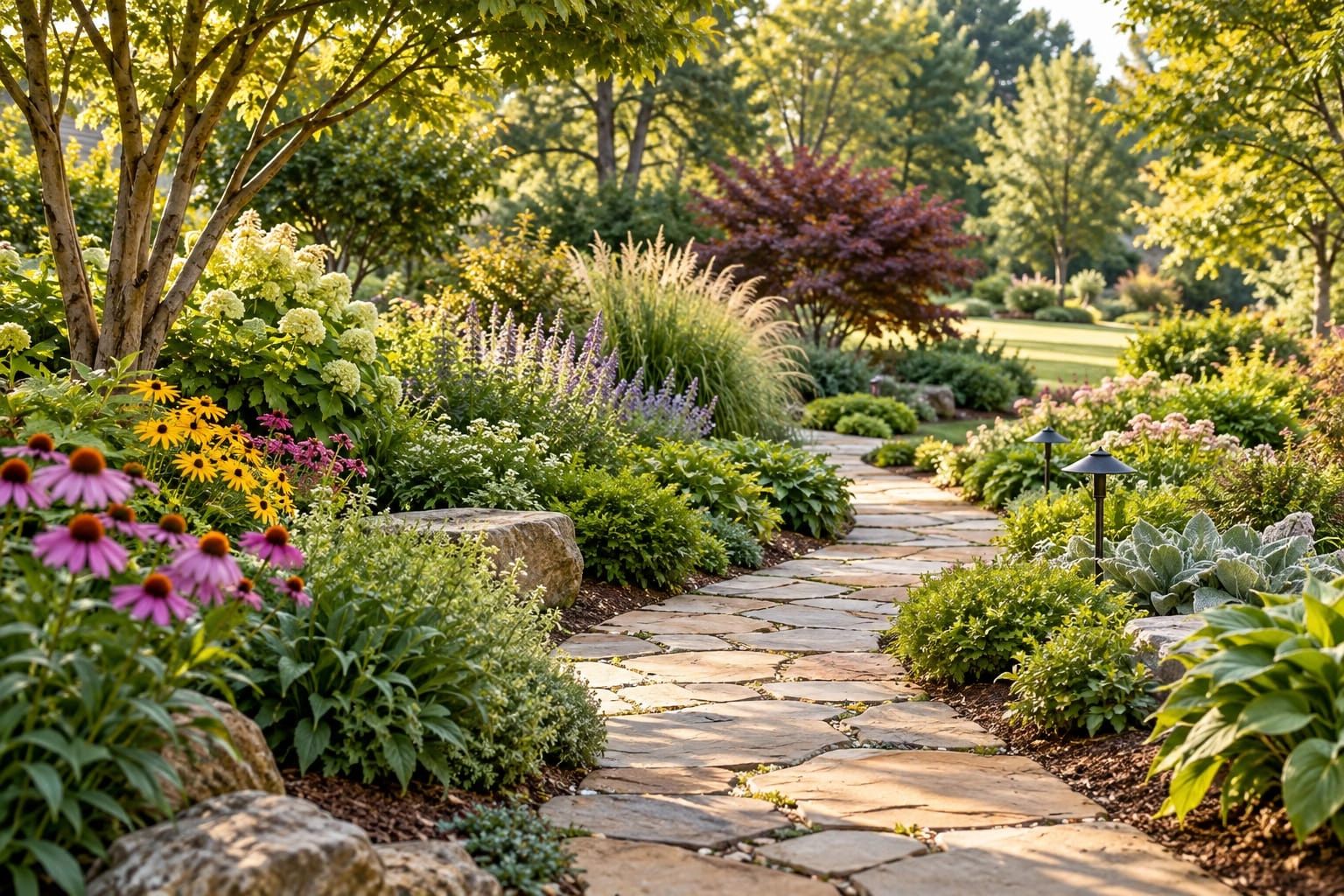 a planted garden path with layered landscape beds