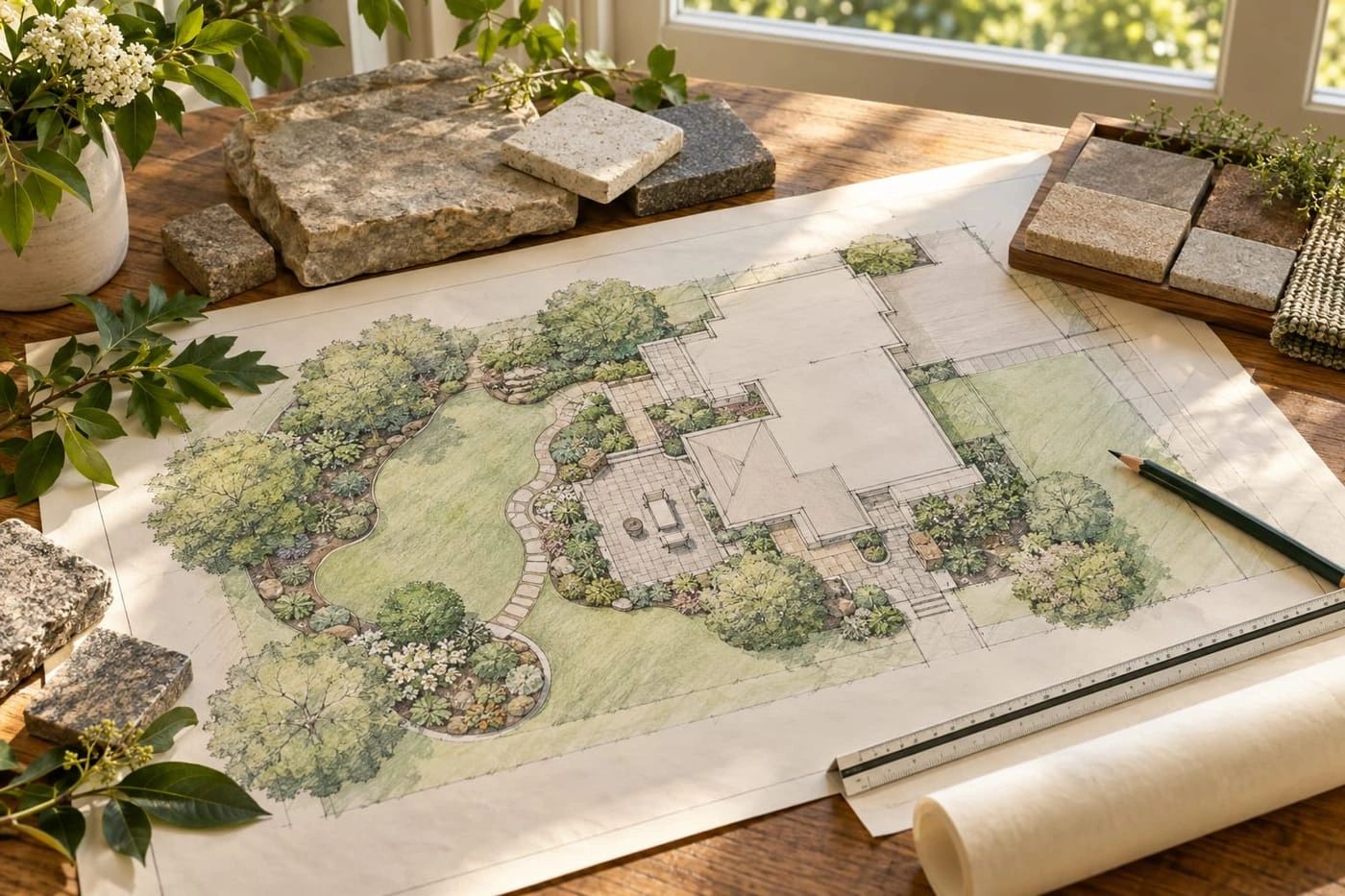 landscape layout plans with stone and material samples