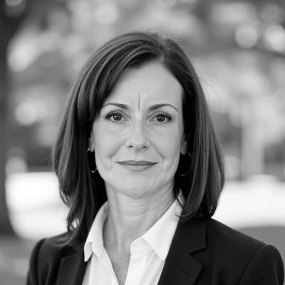 Professional black-and-white portrait of a confident woman in business attire.