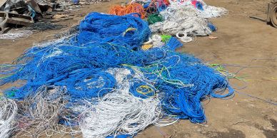 Pile of blue and white fishing nets spread on the ground.