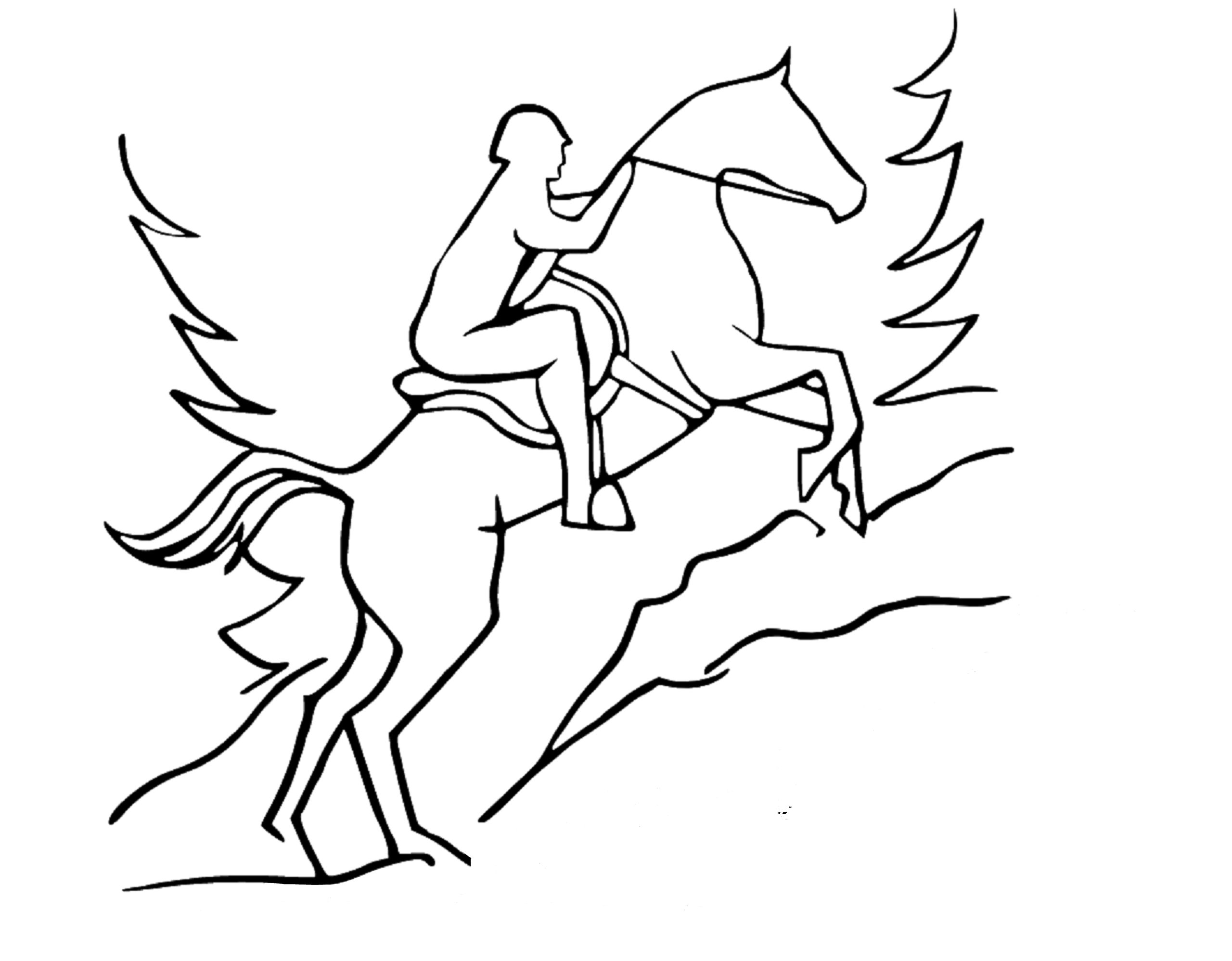 Line art of a person riding a horse with trees in the background.