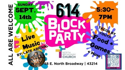 Colorful flyer for a block party with live music, food, and games on Sept. 14th.
