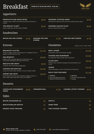 Breakfast menu featuring appetizers, sandwiches, entrees, omelettes, desserts, and sides with prices.