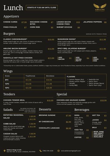 Menu featuring appetizers, burgers, wings, tenders, salads, specials, desserts, and beverages at Abilene Wings &amp; Grill.