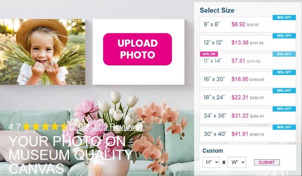 Online canvas photo printing with size options and discounts.