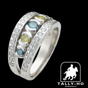 custom yellow and blue diamond white gold ring by tally ho jewelers