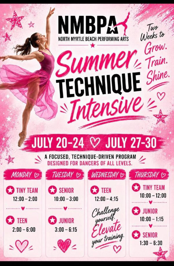 NMBPA Summer Technique Intensive dance program schedule in July.
