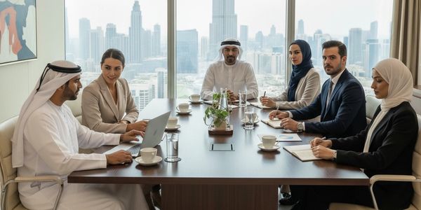 Business meeting with diverse professionals in a modern office overlooking a city skyline.
