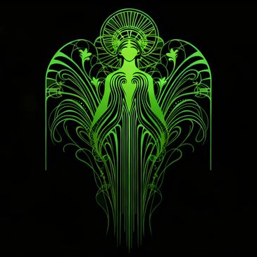 Intricate green abstract figure with floral and linear designs on black background.