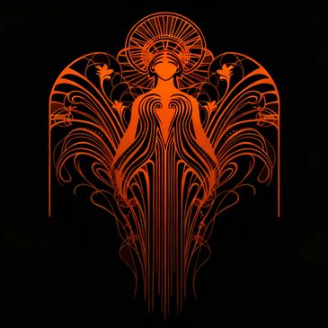 Art Nouveau style silhouette in orange on black background.