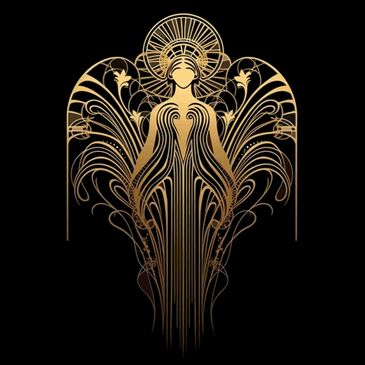 Elegant gold Art Deco style figure with intricate floral patterns on black background.