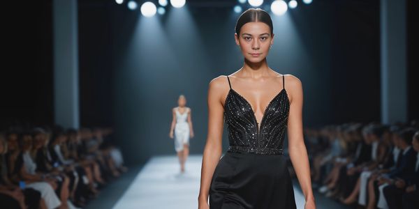 Model walking confidently on runway in a black evening gown under spotlight.