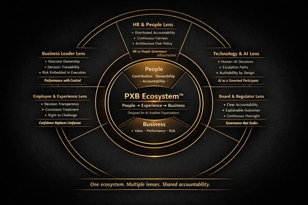 Diagram illustrating the PXB Ecosystem with People, Experience, and Business lenses for AI governance.