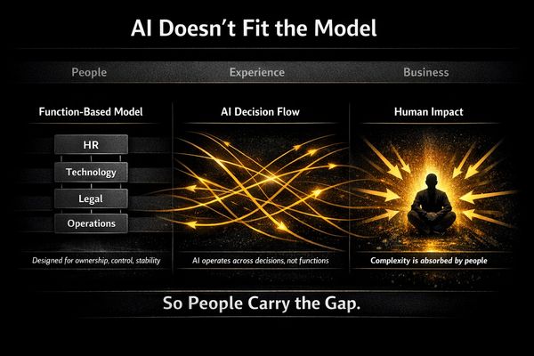Illustration showing AI decision flow complexity and human impact bridging gaps in traditional models.
