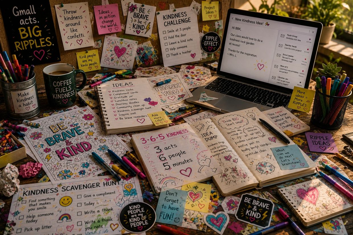 A colorful desk filled with kindness-themed notes, drawings, and a laptop.