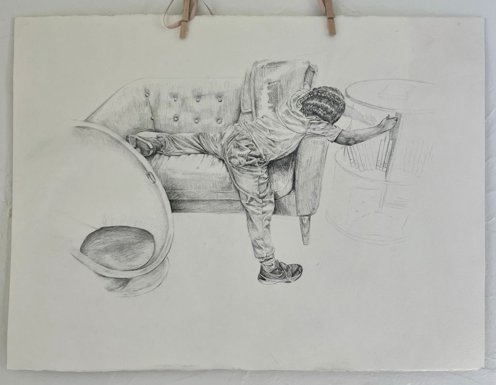 Pencil sketch of a child reaching for a book from a shelf.