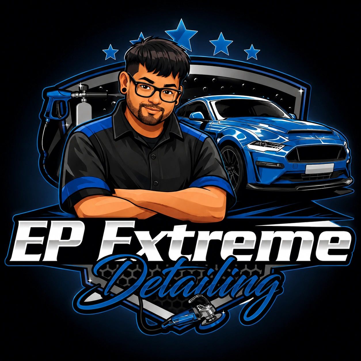 Logo of EP Extreme Detailing with a man, car, and detailing tools.