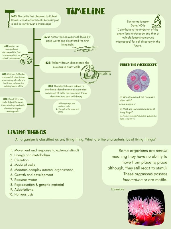 Biology 11 concept Cell theory timeline and the classification of living things (the characteristics)